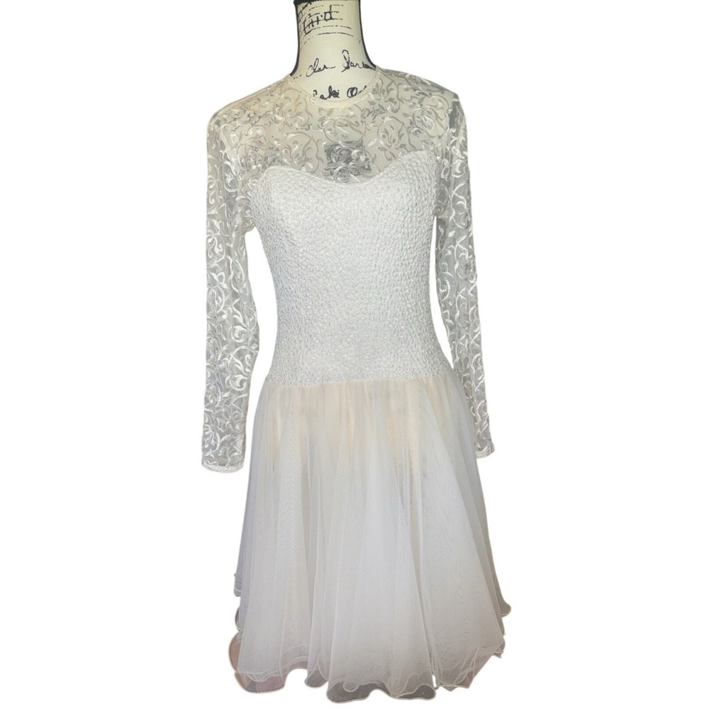 Sara Mique‎ Embroidered Bodice Dress Tulle Skirt White Small Wedding Prom Formal